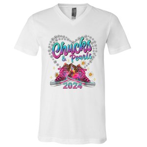 Chucks And Pearls Kamala Harris 2024 For President 47 V-Neck T-Shirt