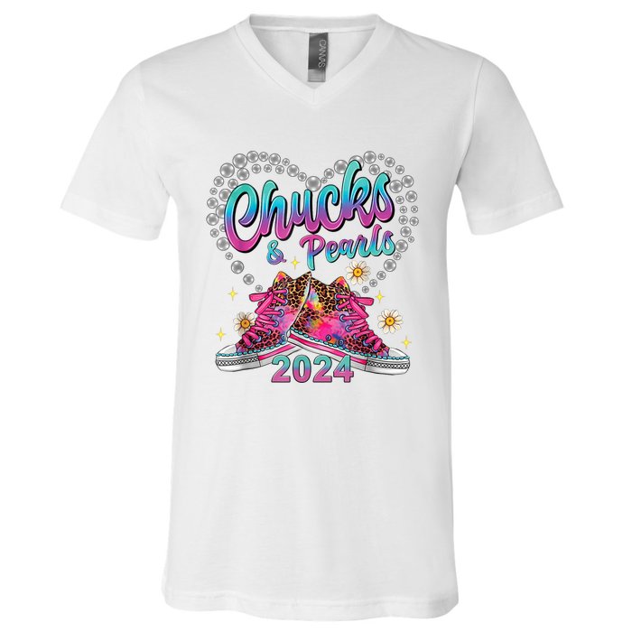 Chucks And Pearls Kamala Harris 2024 For President 47 V-Neck T-Shirt