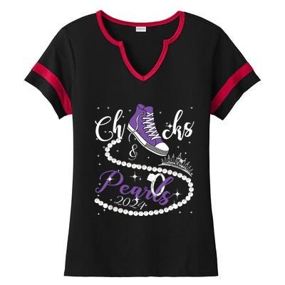 Chucks And Pearls 2024 Kamala Harris 2024 Vote President 47 Ladies Halftime Notch Neck Tee