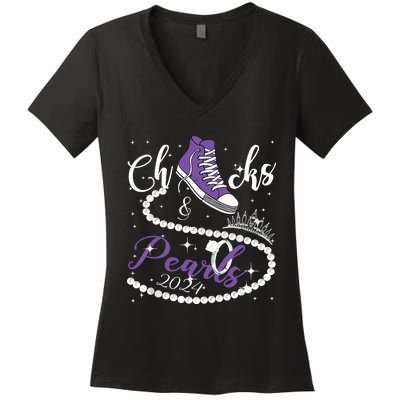 Chucks And Pearls 2024 Kamala Harris 2024 Vote President 47 Women's V-Neck T-Shirt