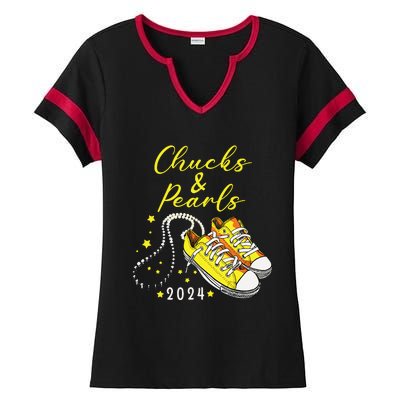 Chucks And Pearls 2024 Kamala Harris For President 47th Ladies Halftime Notch Neck Tee