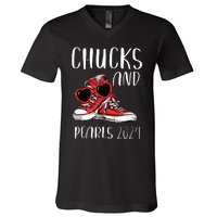 Chucks And Pearls Im With Her Kamala 2024 V-Neck T-Shirt