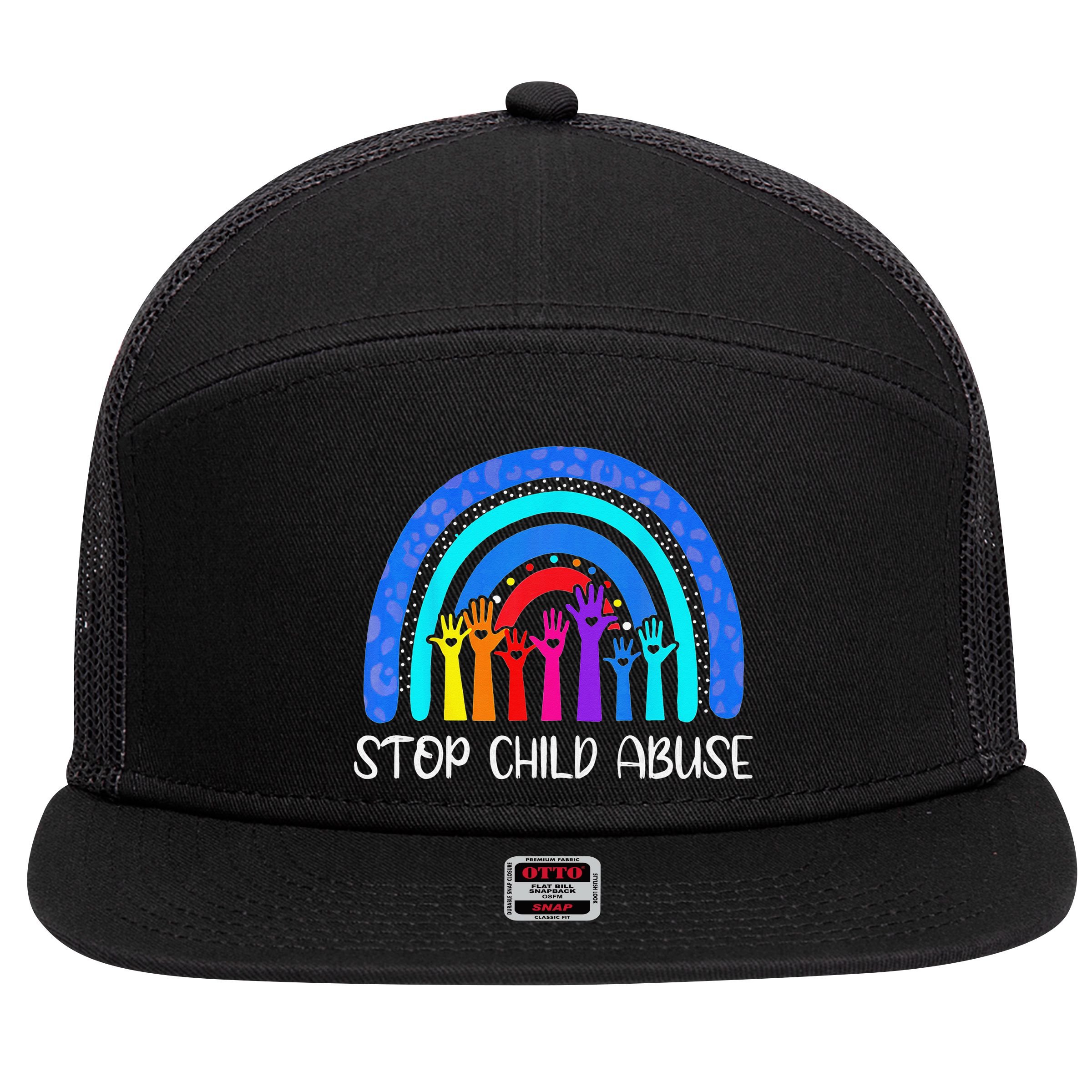 Child Abuse Prevention Awareness Month Blue Ribbon Cat 7 Panel Mesh Trucker Snapback Hat