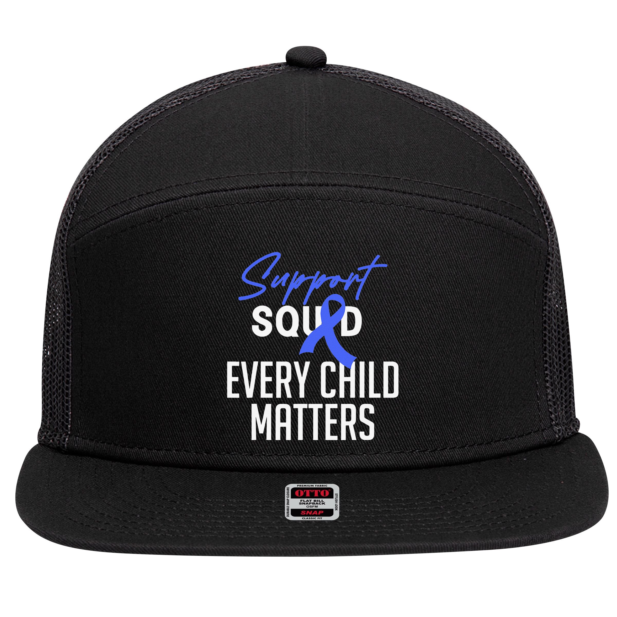 Child Abuse Prevention Awareness Month Blue Ribbon Trex 7 Panel Mesh Trucker Snapback Hat