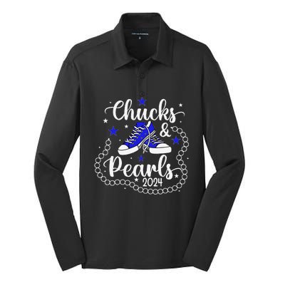 Chucks And Pearls Kamala Harris 2024 Meme Vote President Silk Touch Performance Long Sleeve Polo