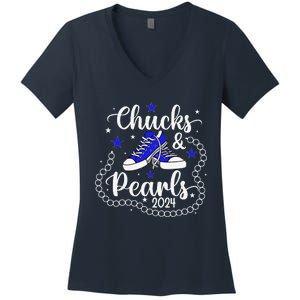 Chucks And Pearls Kamala Harris 2024 Meme Vote President Women's V-Neck T-Shirt