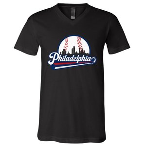 Cityscape Art Print Philadelphia Skyline in Bold Typography V-Neck T-Shirt