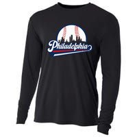 Cityscape Art Print Philadelphia Skyline in Bold Typography Cooling Performance Long Sleeve Crew