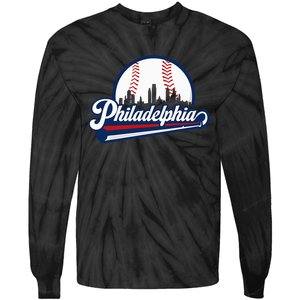 Cityscape Art Print Philadelphia Skyline in Bold Typography Tie-Dye Long Sleeve Shirt