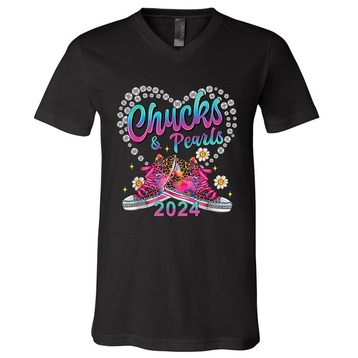 Chucks And Pearls Kamala Harris 2024 For President 47 V-Neck T-Shirt