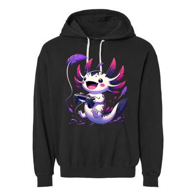 Cute Axolotl Playing Console Video Games Axolotl Gaming Garment-Dyed Fleece Hoodie