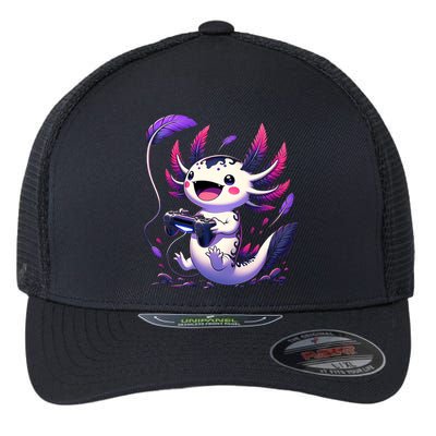 Cute Axolotl Playing Console Video Games Axolotl Gaming Flexfit Unipanel Trucker Cap