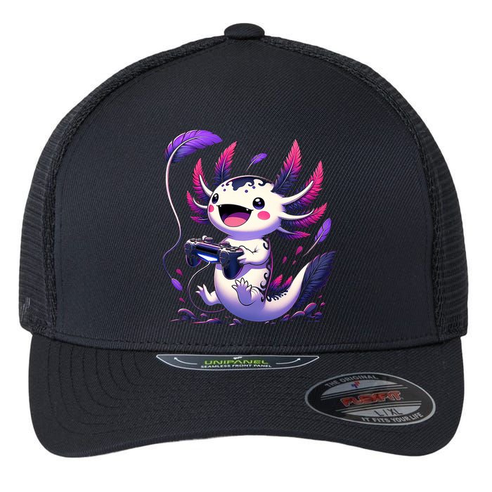 Cute Axolotl Playing Console Video Games Axolotl Gaming Flexfit Unipanel Trucker Cap