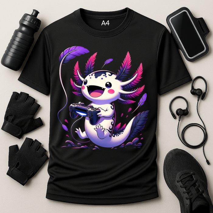 Cute Axolotl Playing Console Video Games Axolotl Gaming Performance Shirt