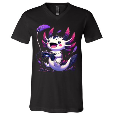 Cute Axolotl Playing Console Video Games Axolotl Gaming V-Neck T-Shirt