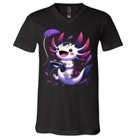 Cute Axolotl Playing Console Video Games Axolotl Gaming V-Neck T-Shirt