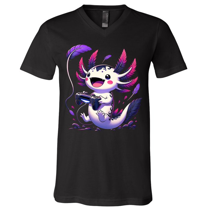 Cute Axolotl Playing Console Video Games Axolotl Gaming V-Neck T-Shirt