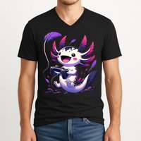 Cute Axolotl Playing Console Video Games Axolotl Gaming V-Neck T-Shirt