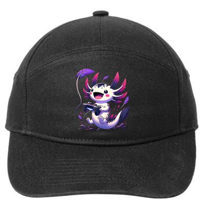 Cute Axolotl Playing Console Video Games Axolotl Gaming 7-Panel Snapback Hat