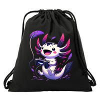 Cute Axolotl Playing Console Video Games Axolotl Gaming Drawstring Bag
