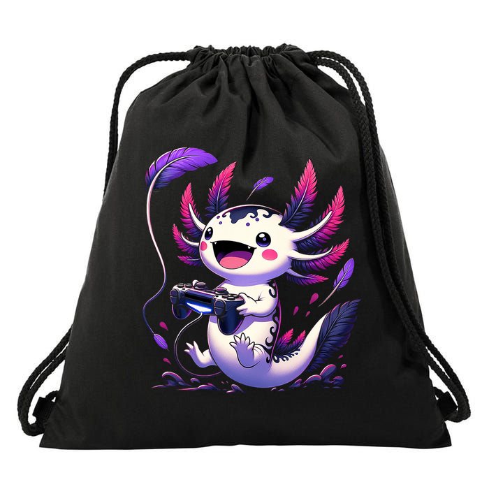 Cute Axolotl Playing Console Video Games Axolotl Gaming Drawstring Bag