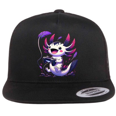 Cute Axolotl Playing Console Video Games Axolotl Gaming Flat Bill Trucker Hat