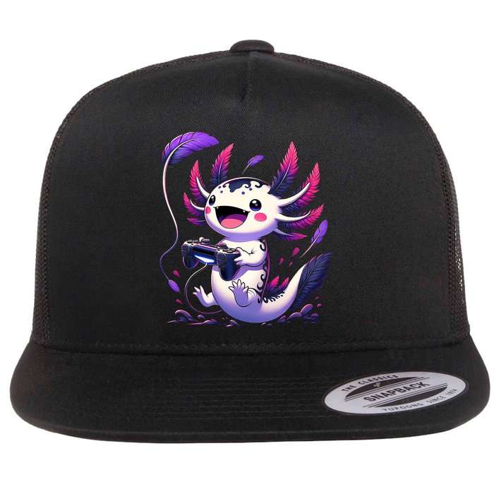 Cute Axolotl Playing Console Video Games Axolotl Gaming Flat Bill Trucker Hat