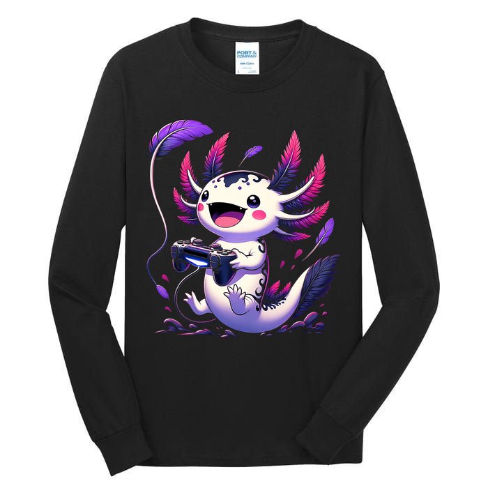 Cute Axolotl Playing Console Video Games Axolotl Gaming Tall Long Sleeve T-Shirt