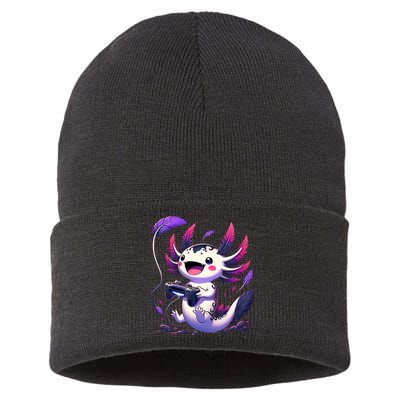 Cute Axolotl Playing Console Video Games Axolotl Gaming Sustainable Knit Beanie