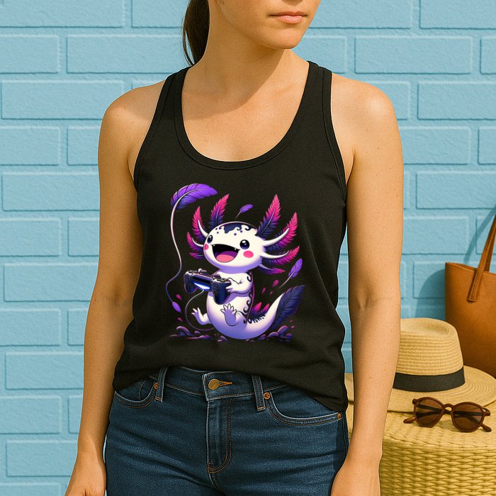 Cute Axolotl Playing Console Video Games Axolotl Gaming Womens Tank Top