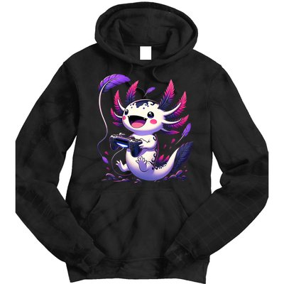 Cute Axolotl Playing Console Video Games Axolotl Gaming Tie Dye Hoodie