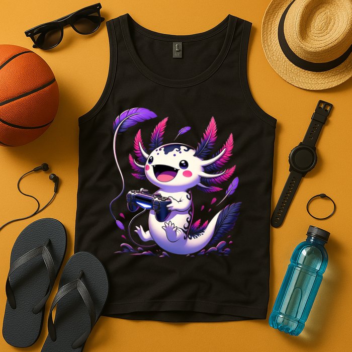 Cute Axolotl Playing Console Video Games Axolotl Gaming Tank Top
