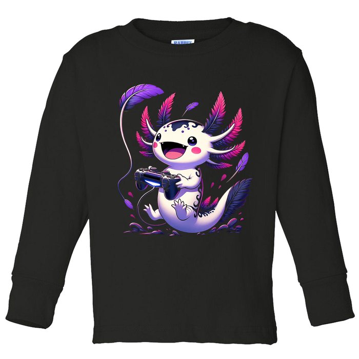 Cute Axolotl Playing Console Video Games Axolotl Gaming Toddler Long Sleeve Shirt