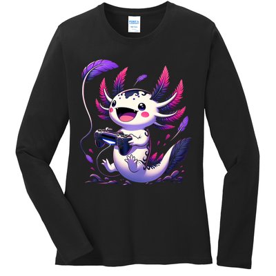 Cute Axolotl Playing Console Video Games Axolotl Gaming Ladies Long Sleeve Shirt