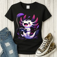 Cute Axolotl Playing Console Video Games Axolotl Gaming Womens T-Shirt