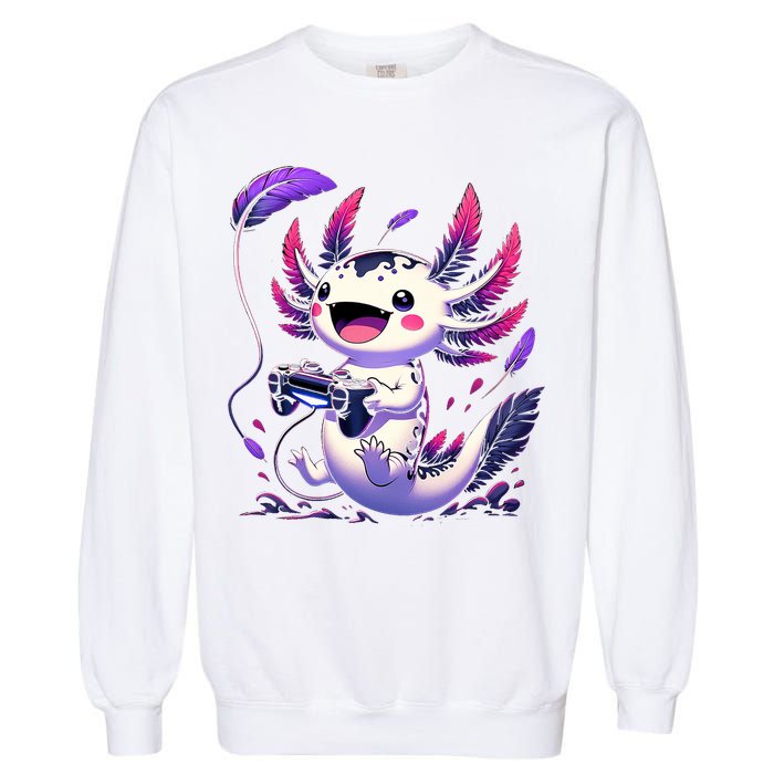 Cute Axolotl Playing Console Video Games Axolotl Gaming Garment-Dyed Sweatshirt