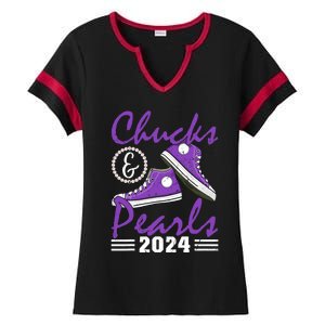 Chucks And Pearls 2024 Voting For Kamala Harris Usa Election Ladies Halftime Notch Neck Tee