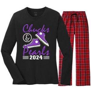 Chucks And Pearls 2024 Voting For Kamala Harris Usa Election Women's Long Sleeve Flannel Pajama Set 