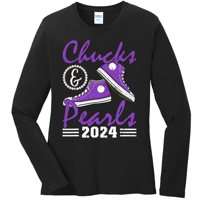 Chucks And Pearls 2024 Voting For Kamala Harris Usa Election Ladies Long Sleeve Shirt