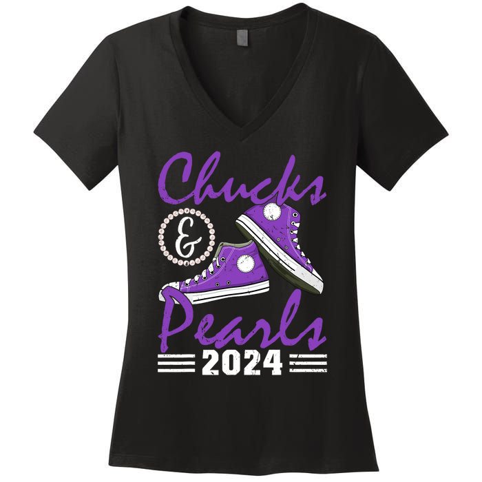 Chucks And Pearls 2024 Voting For Kamala Harris Usa Election Women's V-Neck T-Shirt