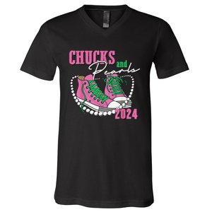 Chucks And Pearls IM With Her Kamala 2024 Gift V-Neck T-Shirt