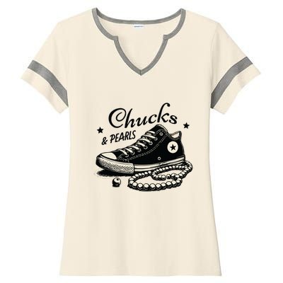 Chucks And Pearls Im With Her Kamala 2024 Retro Vintage Ladies Halftime Notch Neck Tee