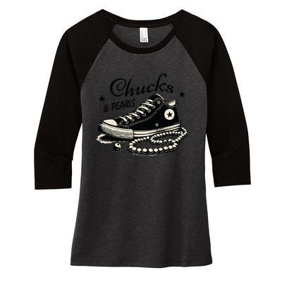 Chucks And Pearls Im With Her Kamala 2024 Retro Vintage Women's Tri-Blend 3/4-Sleeve Raglan Shirt