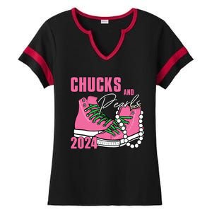 Chucks And Pearls Im With Her Kamala 2024 Ladies Halftime Notch Neck Tee