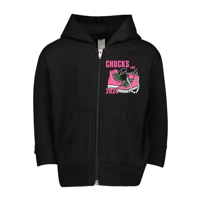 Chucks And Pearls Im With Her Kamala 2024 Toddler Zip Fleece Hoodie