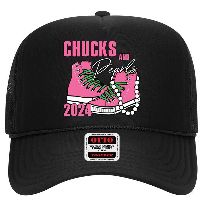 Chucks And Pearls Im With Her Kamala 2024 High Crown Mesh Back Trucker Hat