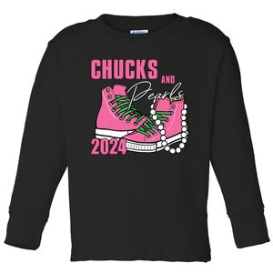 Chucks And Pearls Im With Her Kamala 2024 Toddler Long Sleeve Shirt