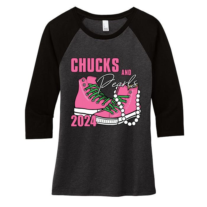 Chucks And Pearls Im With Her Kamala 2024 Women's Tri-Blend 3/4-Sleeve Raglan Shirt