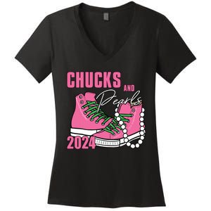 Chucks And Pearls Im With Her Kamala 2024 Women's V-Neck T-Shirt