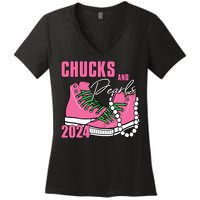 Chucks And Pearls Im With Her Kamala 2024 Women's V-Neck T-Shirt